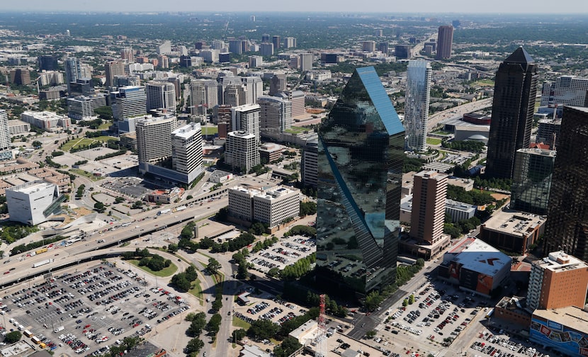 Fountain Place, viewed from above, before the construction of its neighboring green-glass...