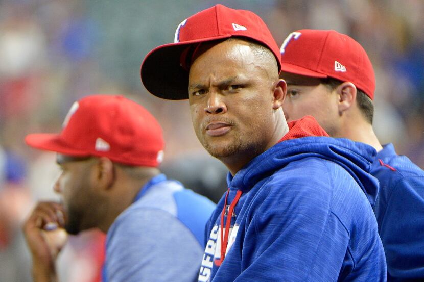 Texas Rangers third baseman Adrian Beltre looks a little concerned during the top of the...