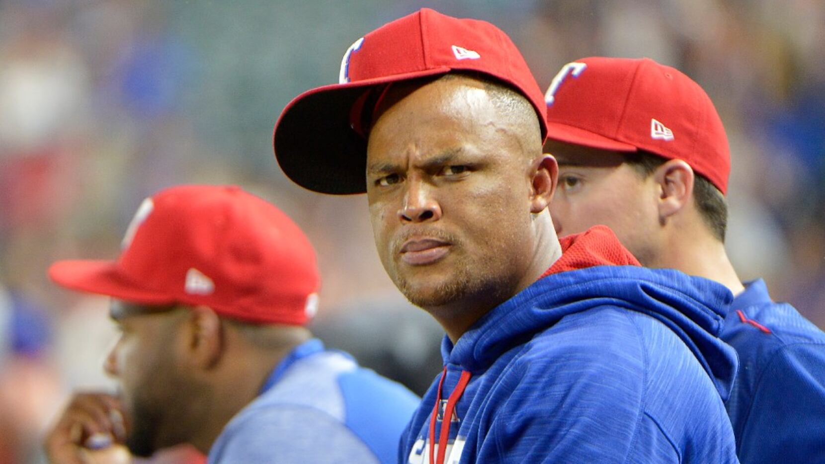 Texas Rangers third baseman Adrian Beltre looks a little concerned during the top of the...