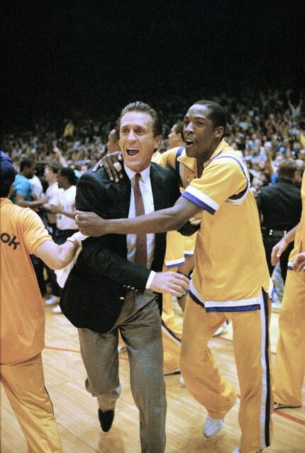 FILE - In this June 21, 1988 file photo, Los Angeles Lakers coach Pat Riley, left, smiles as...