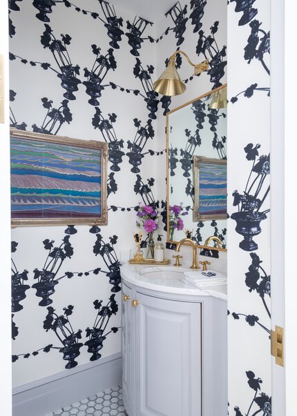 Navy and white abstract pattern wallpaper in bathroom, navy and gray bathroom color palette