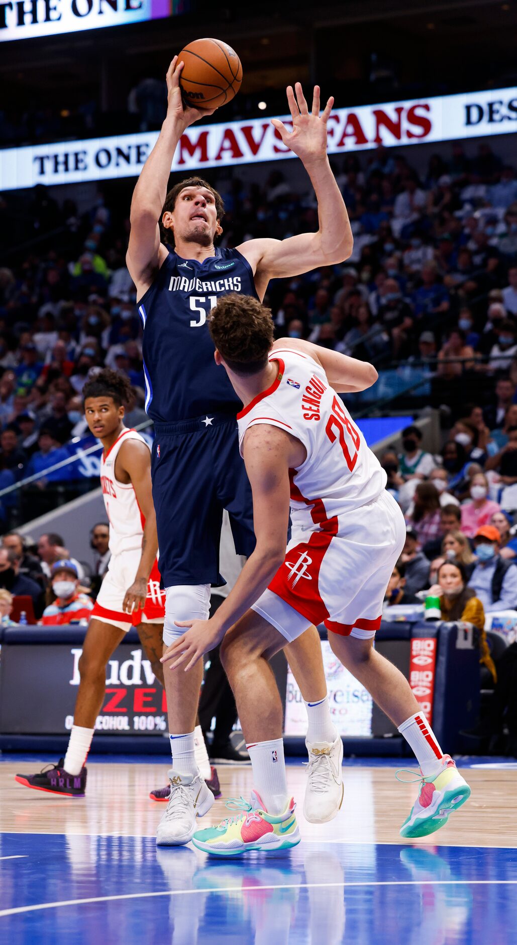 Dallas Mavericks center Boban Marjanovic (51) shoots over Houston Rockets center Alperen...