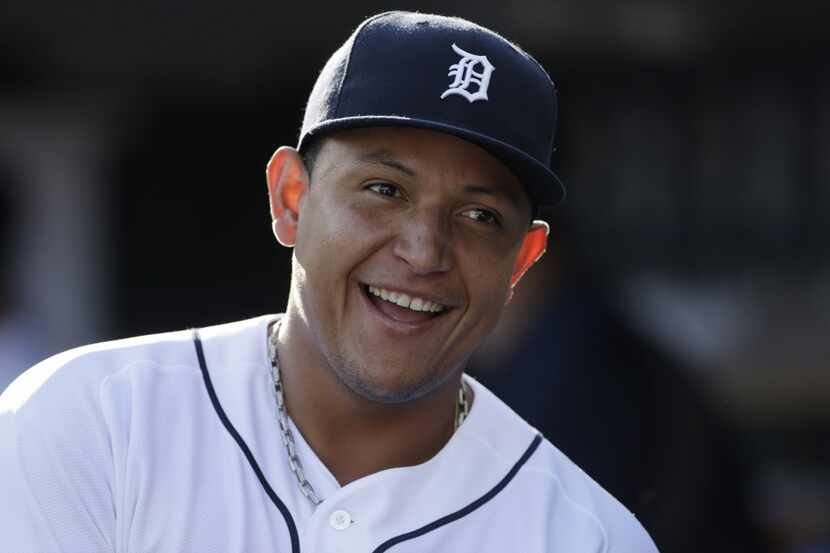 In this July 13, 2013, photo, Detroit Tigers third baseman Miguel Cabrera smiles in the...