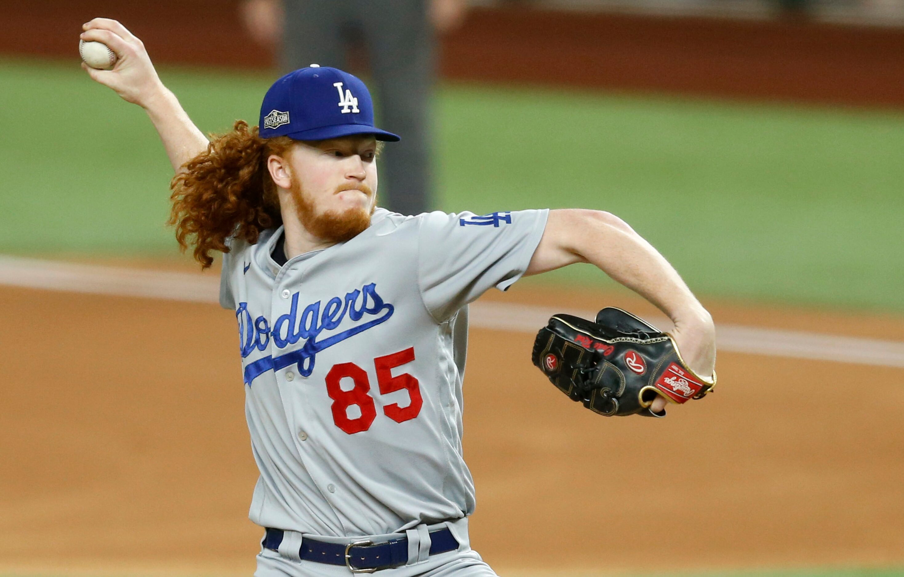 Los Angeles Dodgers starting pitcher Dustin May (85) pitches against the Atlanta Braves...