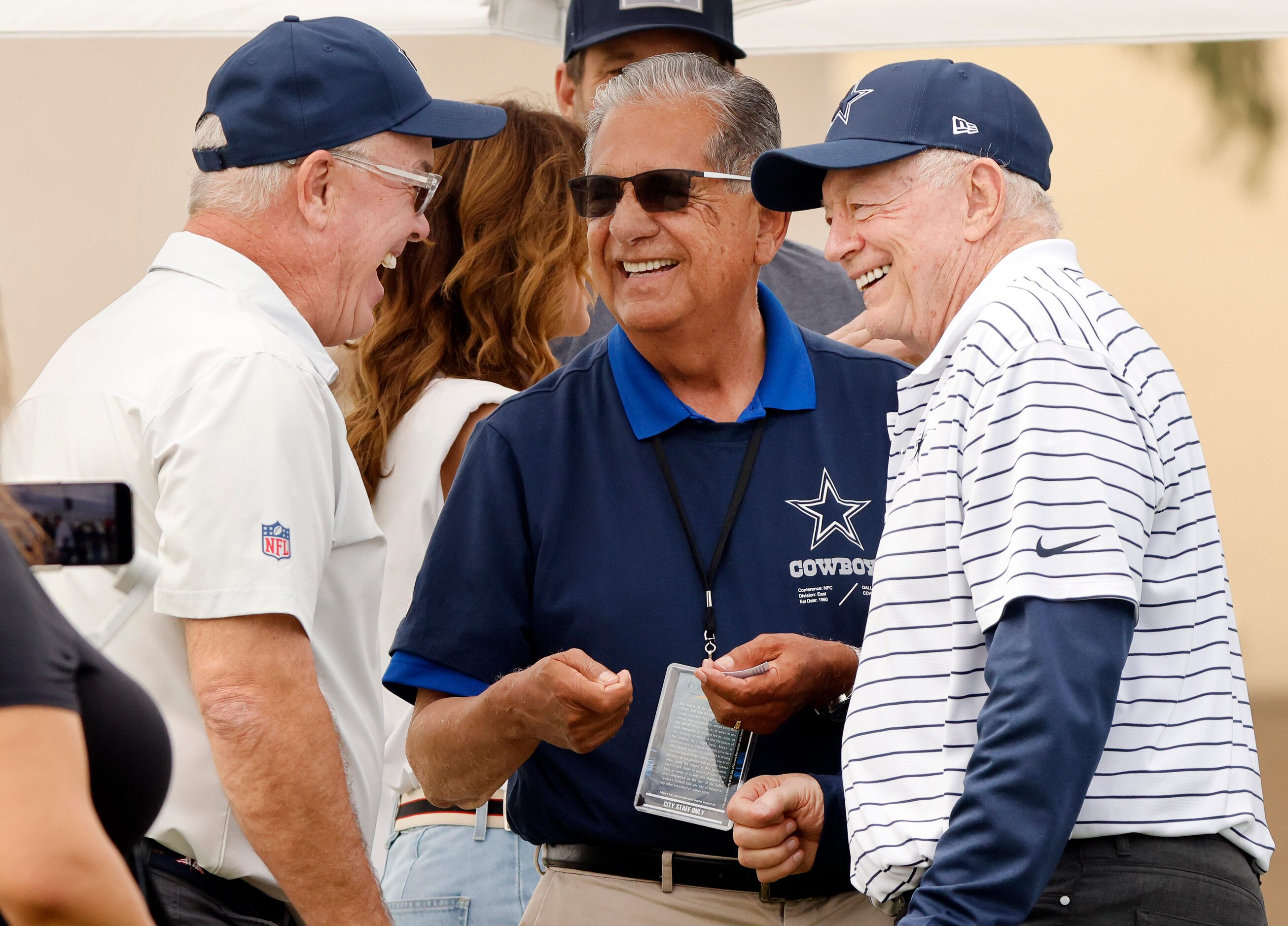 Dallas Cowboys owner Jerry Jones (right) and his son Stephen Jones (left) visit with City of...