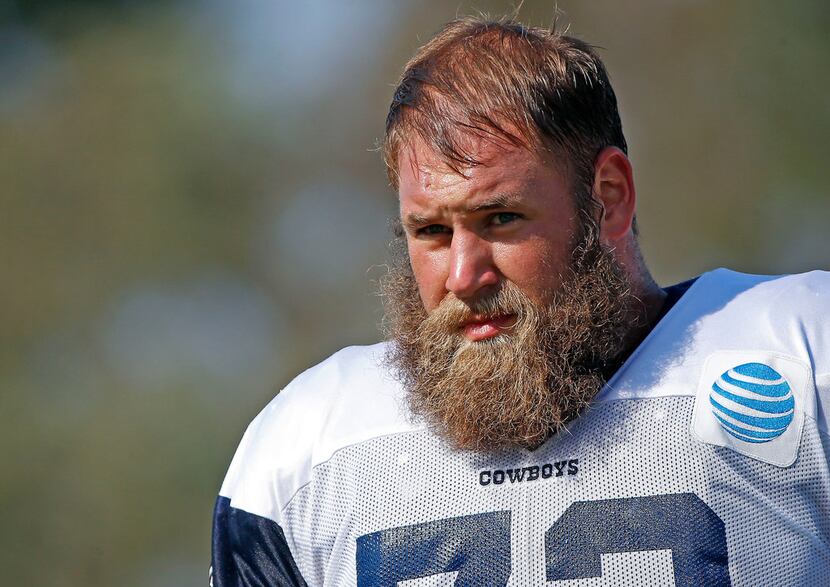 Dallas Cowboys center Travis Frederick is seen during the afternoon practice at the training...