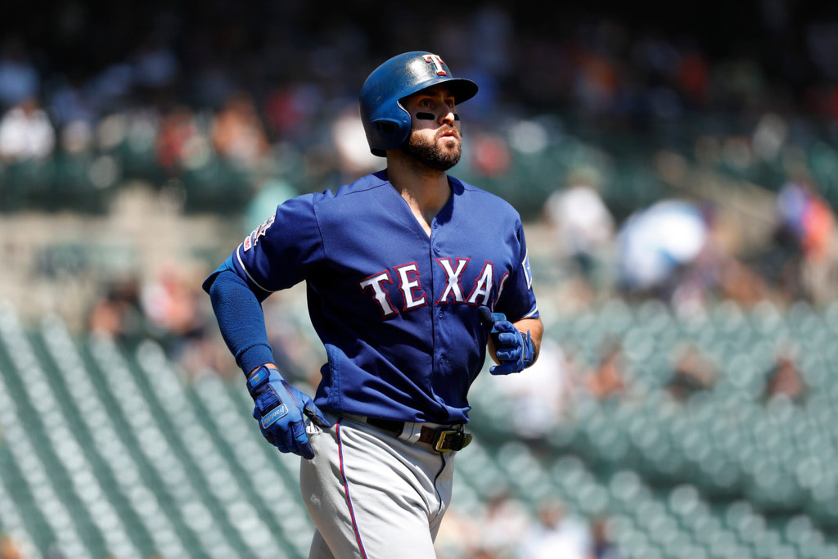 Texas Rangers' Joey Gallo walks in the sixth inning of a baseball game against the Detroit...