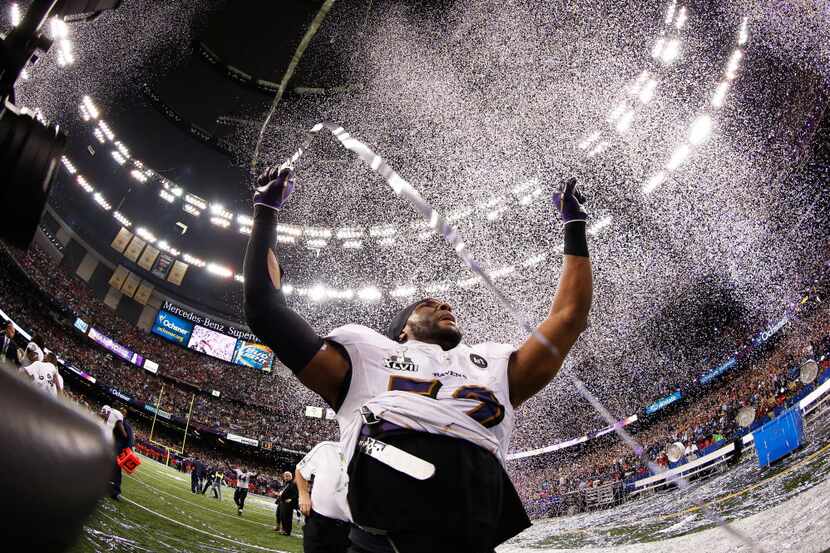 NEW ORLEANS, LA - FEBRUARY 03:  Ray Lewis #52 of the Baltimore Ravens celebrates after...