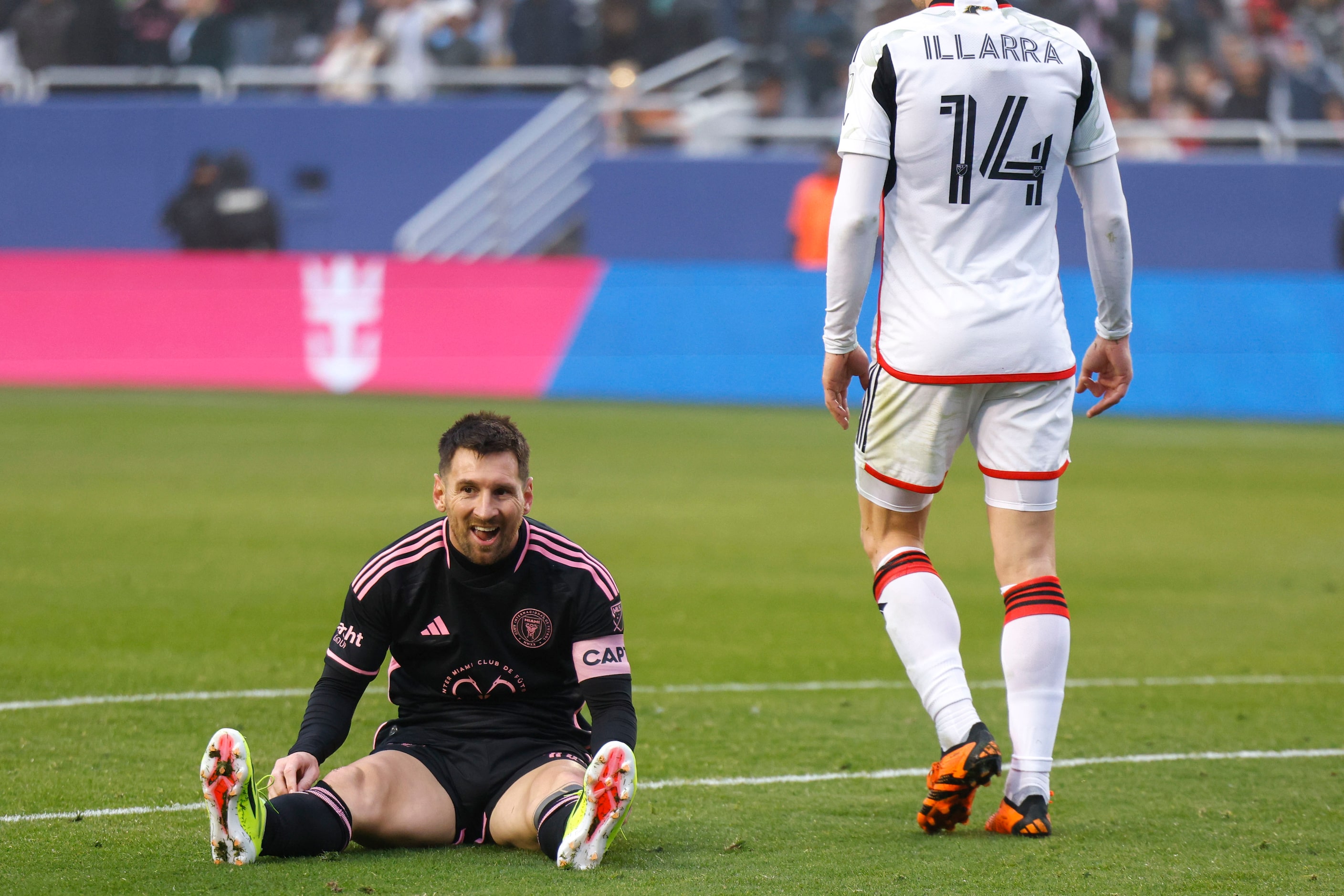 Inter Miami forward Lionel Messi reacts after missing a goal during the first half of a...