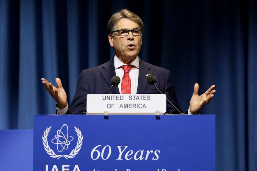 FILE - In this Sept. 18, 2017, file photo, U.S. Energy Secretary Rick Perry delivers a...