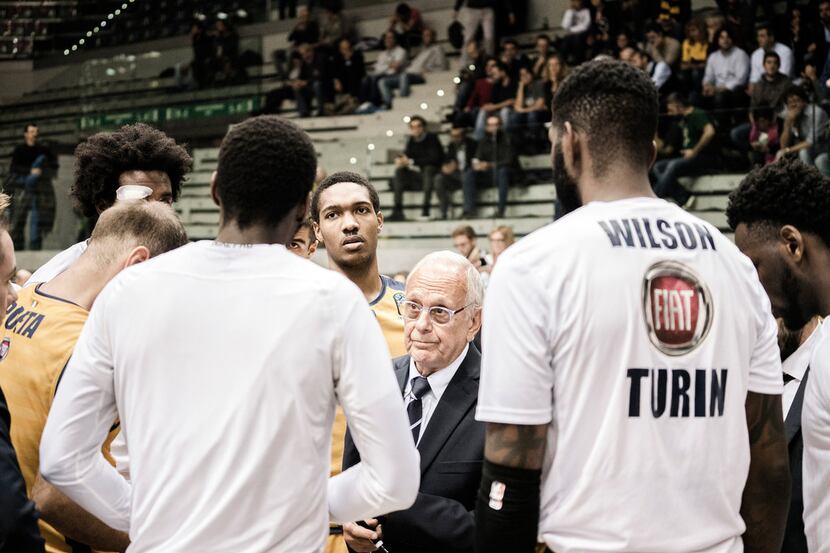 Larry Brown, the Hall of Fame basketball coach, during a timeout with the Auxilium Torino...