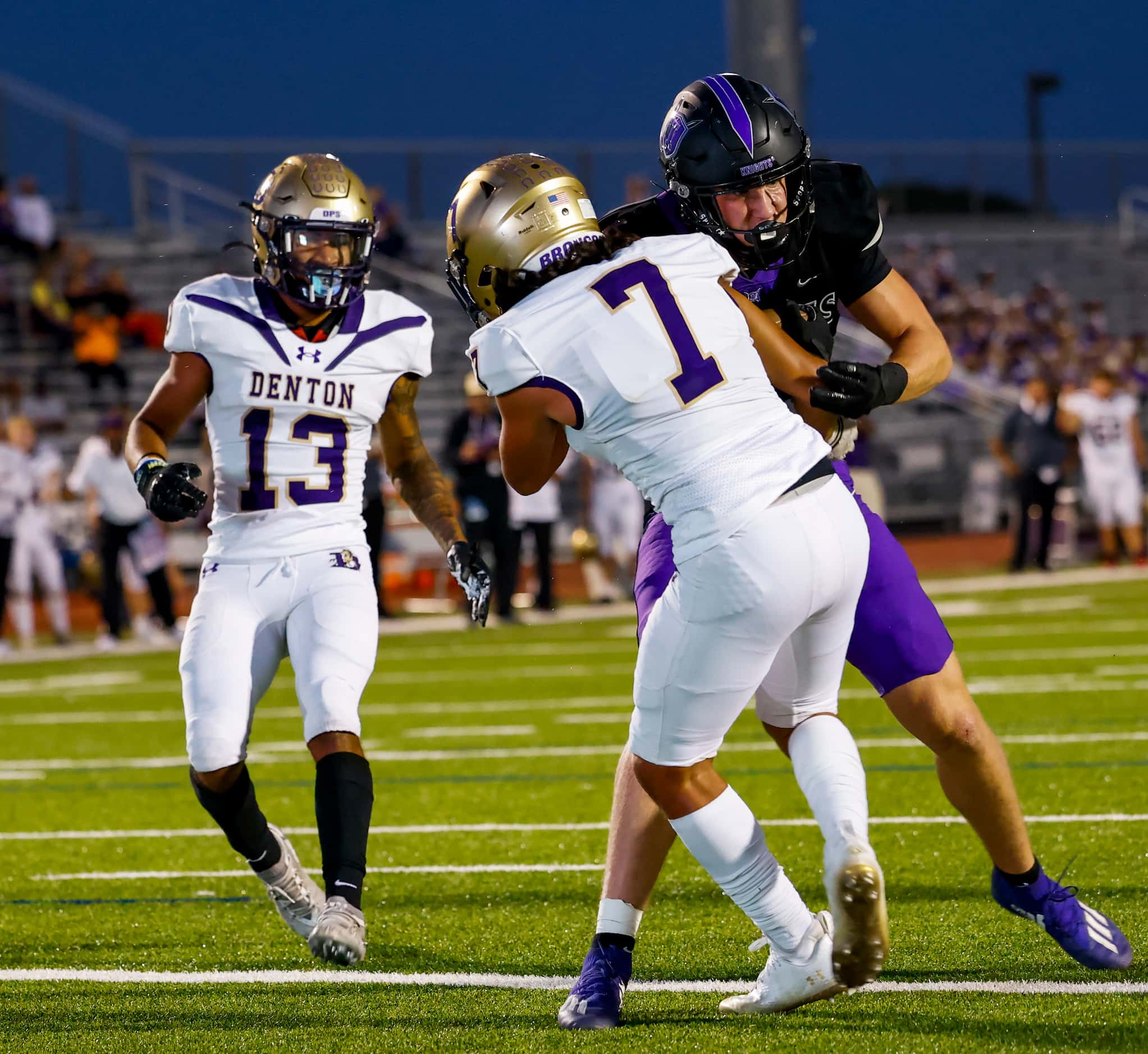 Frisco Independence’s tight end Jake Simpson (88) carries the ball as he pushes Denton’s...