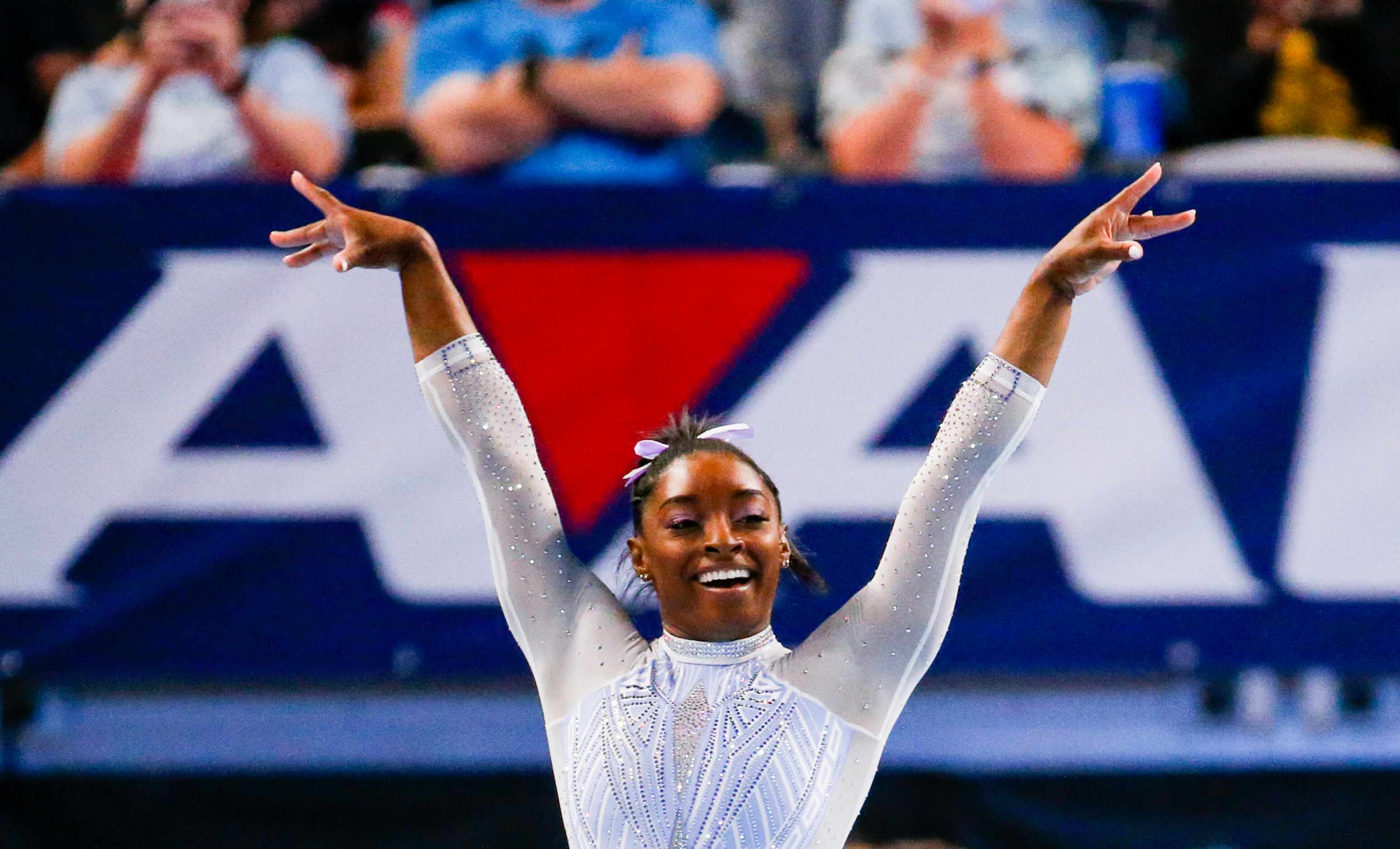 Simone Biles performs on the floor during day 1 of the senior women's US gymnastics...