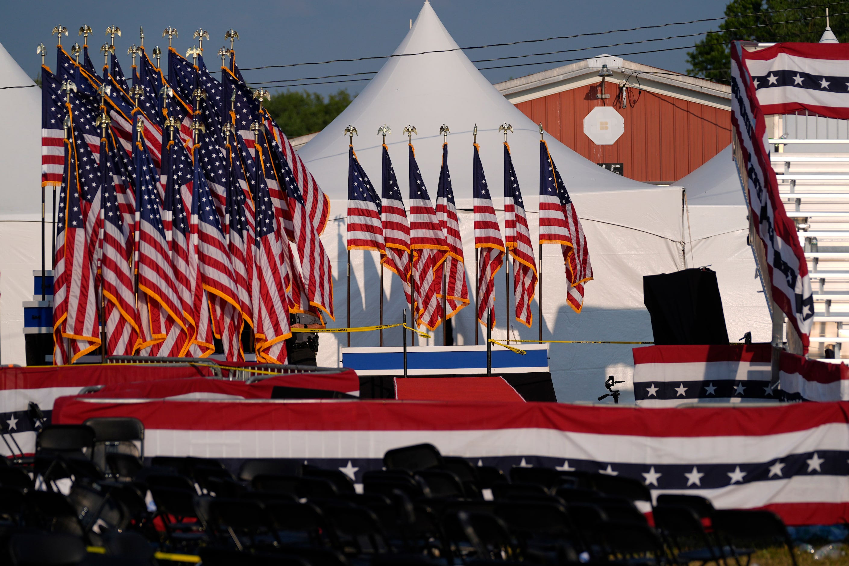 A campaign rally site for Republican presidential candidate former President Donald Trump is...