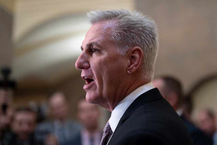 Speaker of the House Kevin McCarthy, R-Calif., talks to reporters amid news that Rep. Matt...