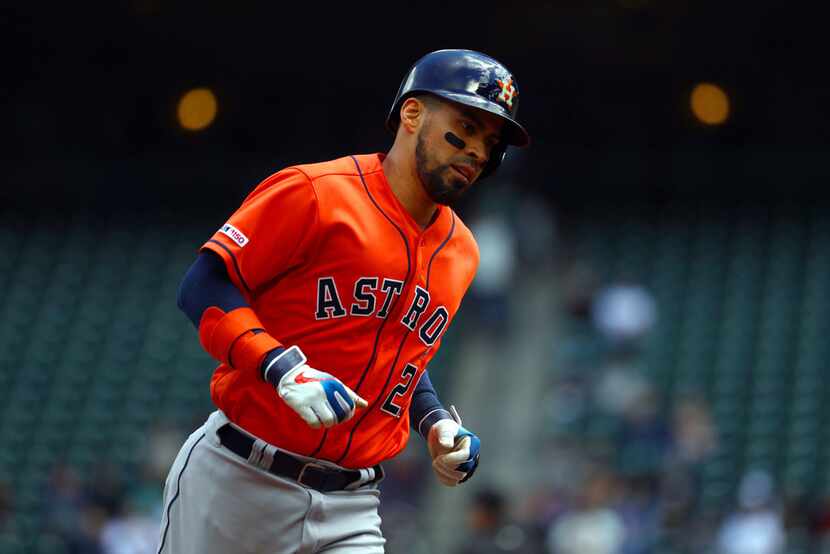 SEATTLE, WASHINGTON - JUNE 06: Robinson Chirinos #28 of the Houston Astros laps the bases...