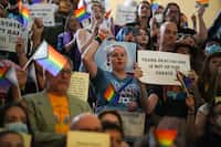 LGBTQ activists protest Senate Bill 14, a ban on gender-affirming medical care for...