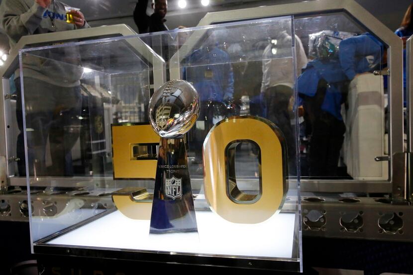 A Super Bowl 50 display is seen at the NFLN Fan activation set outside Ford Field before an...