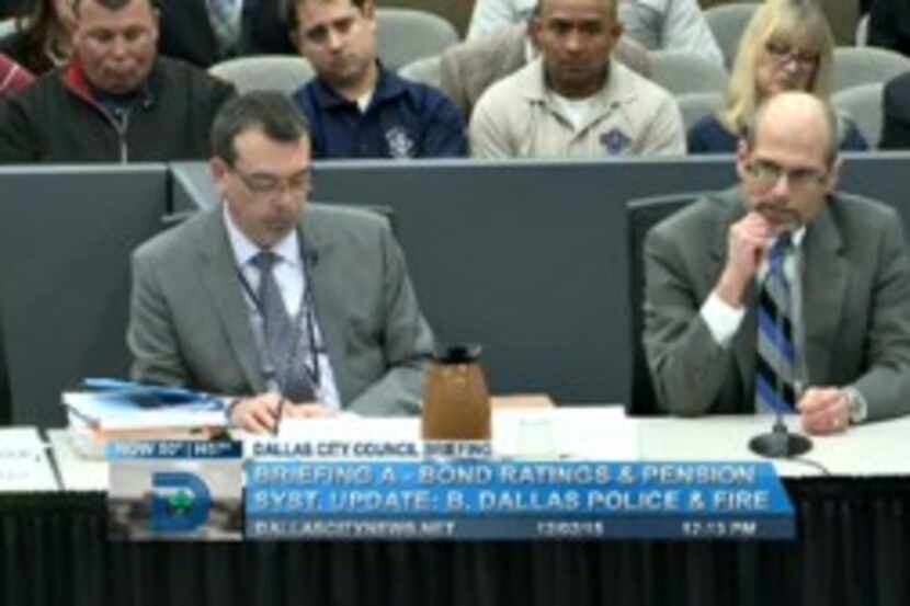  At far right, pension system general counsel Josh Mond told Mayor Mike Rawlings he believes...