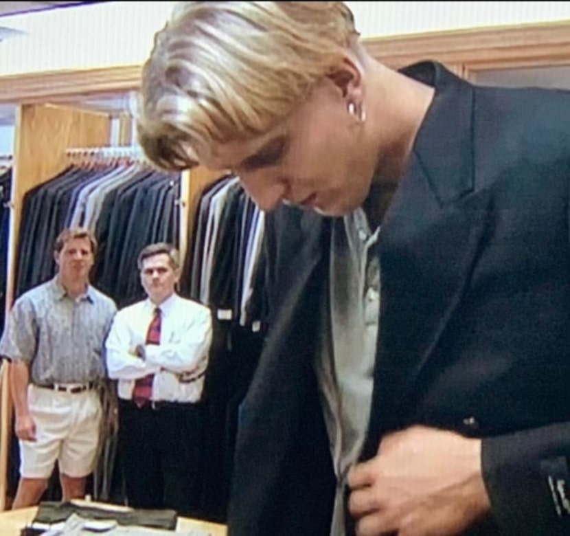 NBC 5's Terry Briggs (left) and Tony Fay with Dirk Nowitzki as he's being fitted for his...