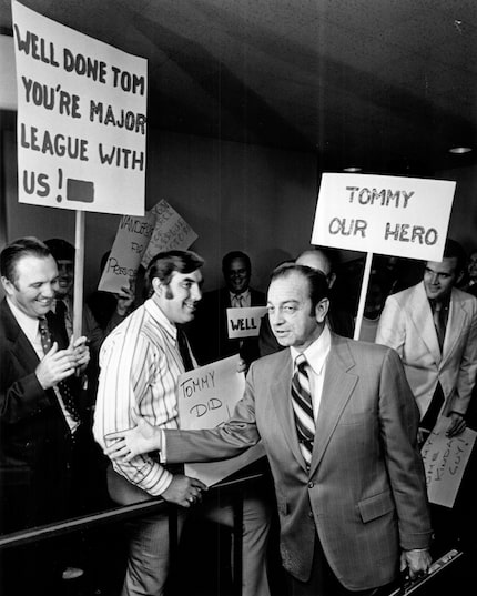 Mayor Tom Vandergriff greets future Rangers fans after returning victorious from Boston in...