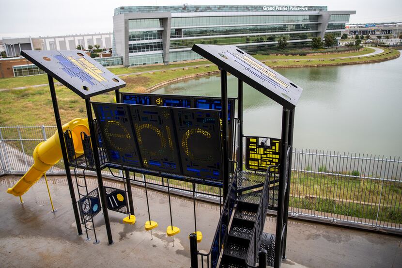 A playground overlooks the Grand Prairie Police-Fire building at The Epic in Grand Prairie...