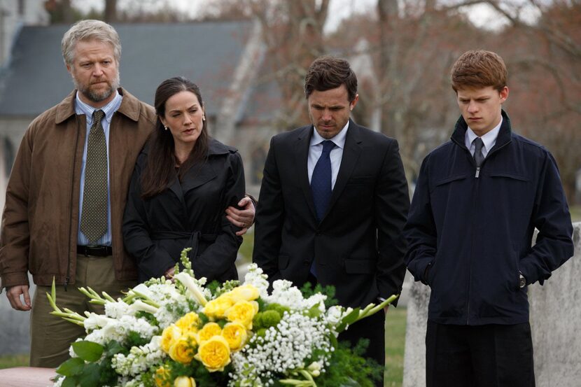 (Left to Right) C.J. Wilson, Jami Tennille, Casey Affleck and Lucas Hedges in a scene from...