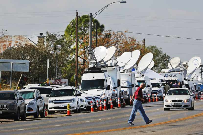 Satellite trucks have lined Highway 87 in Sutherland Springs in the days since the mass...
