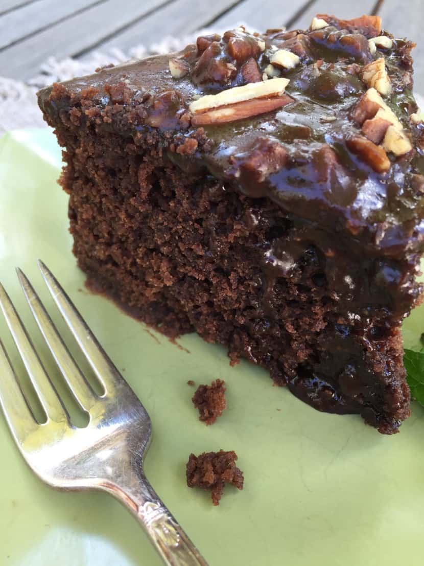 Chocolate Sheet Cake, made in the slow cooker using a recipe from Texas Slow Cooker. 