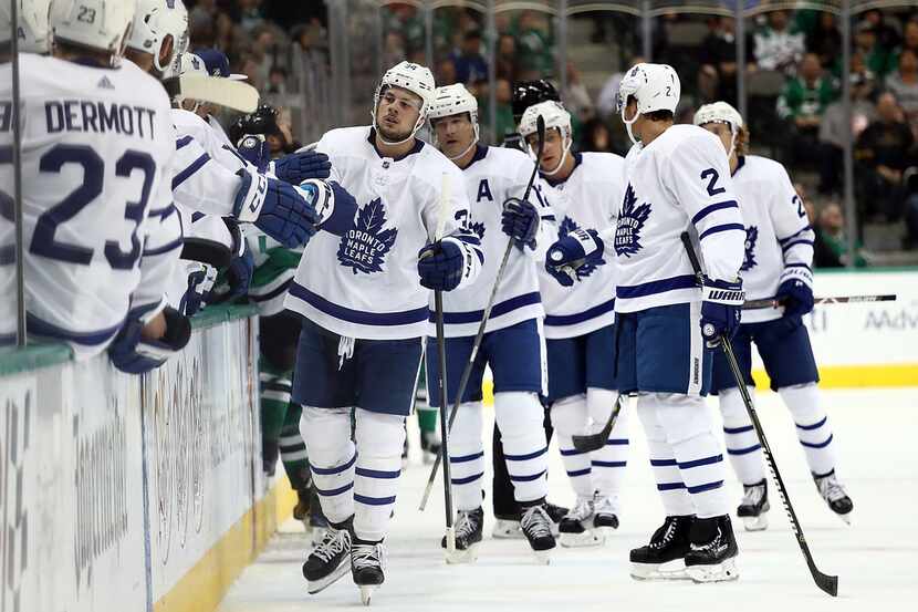 DALLAS, TX - OCTOBER 09:  Auston Matthews #34 of the Toronto Maple Leafs celebrates a goal...