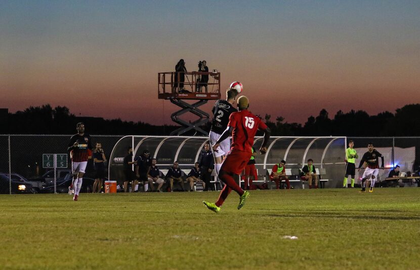 NTX Rayados' defender Brandon Pfluger (2) heads the ball against FC Wichita in their 3rd...