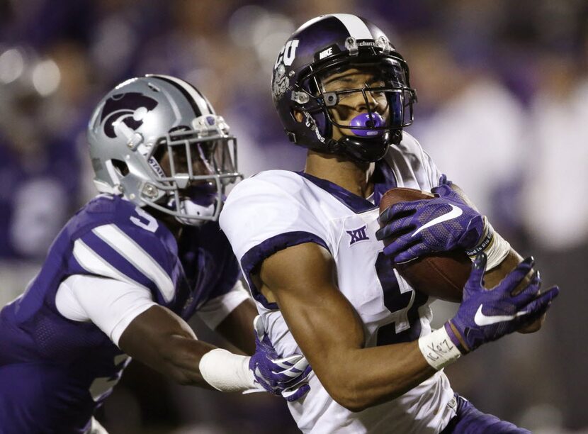 TCU wide receiver Josh Doctson (9) gets past Kansas State defensive back Jesse Mack (5) for...