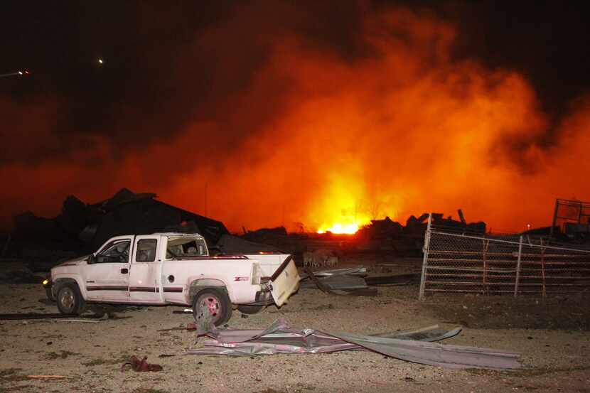 A fire burns at a fertilizer plant in West, Texas after an explosion Wednesday April 17,...