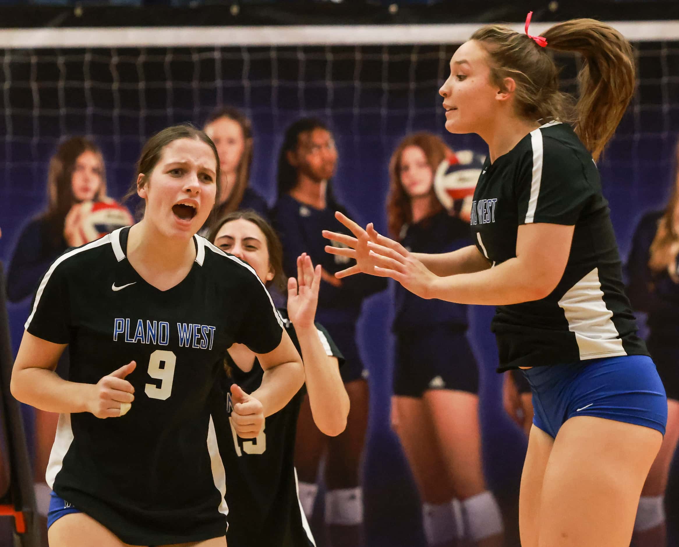 Plano West Senior High Ansley Denison (9) cheers after blocking the ball while teammate...