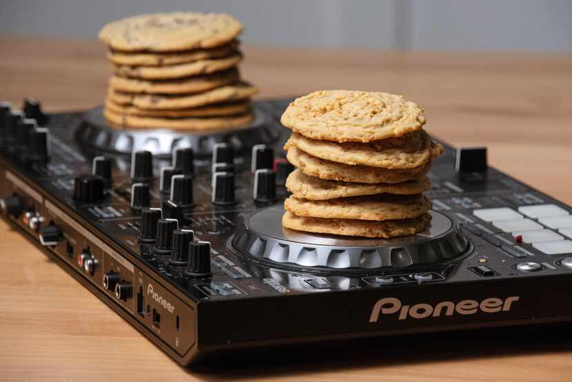 Stacks of Frosted Flake, right, and chocolate chip cookies on the electronic turntables of...