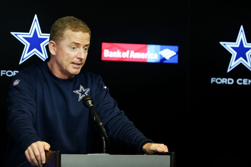 Dallas Cowboys head coach Jason Garrett speaks to the media before team practice at The Star...