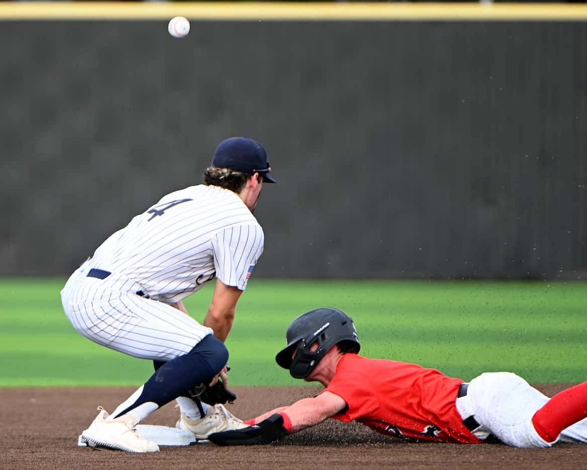 Coppell’s Tony Vernars steals second base as Keller’s Aiden Connors can’t handle the through...