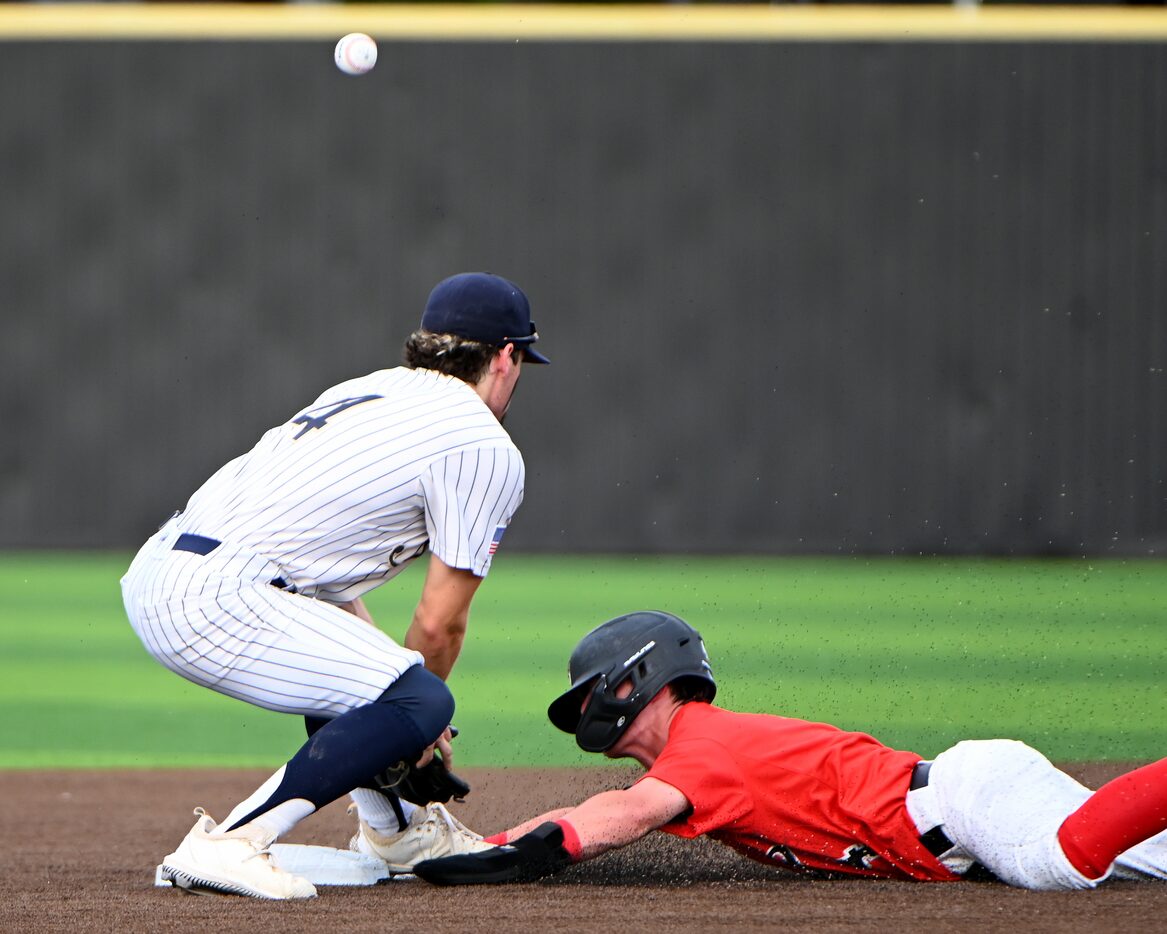 Coppell’s Tony Vernars steals second base as Keller’s Aiden Connors can’t handle the through...