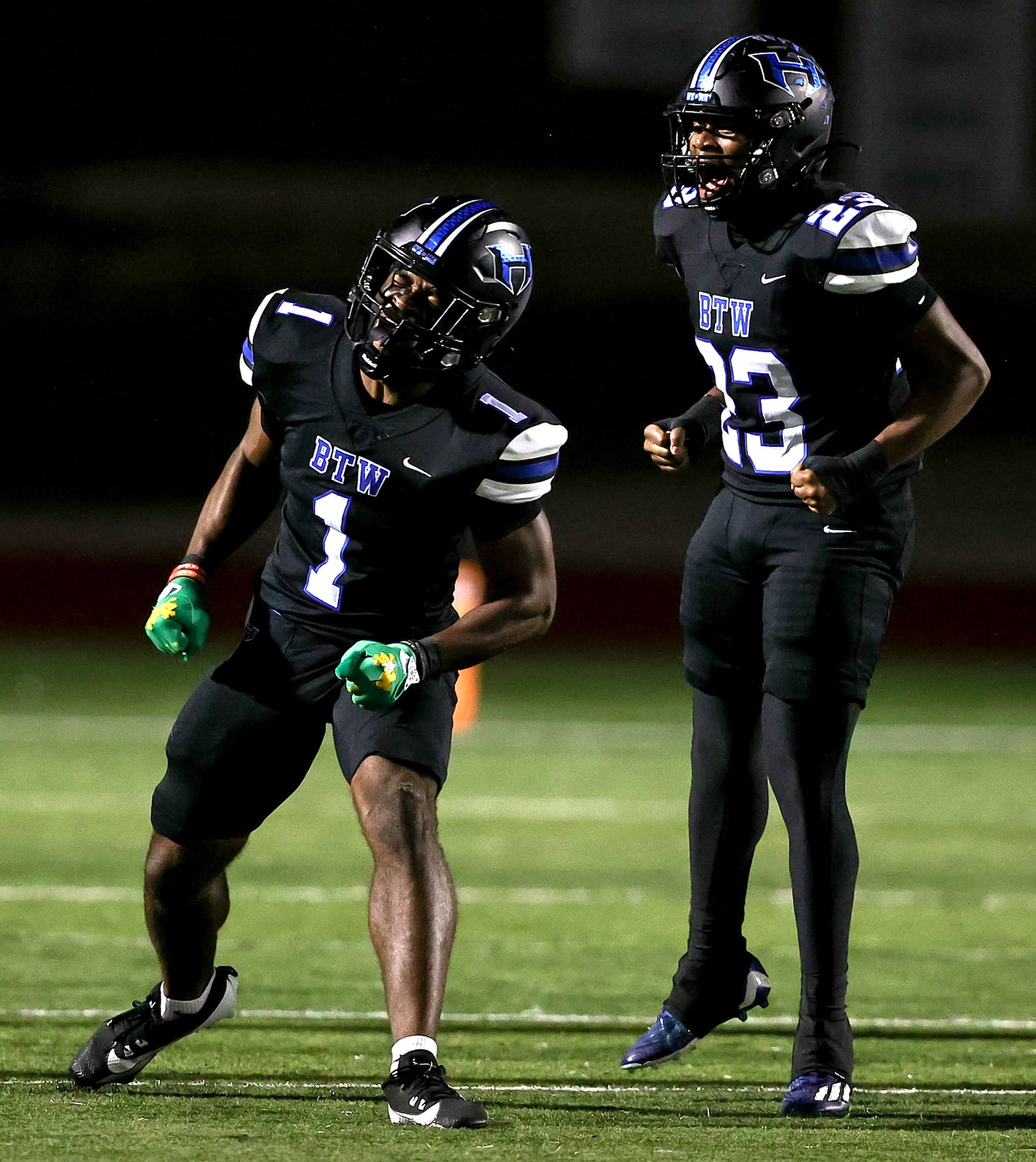 Hebron linebacker Bo Onu (1) celebrates with linebacker Joshua Turner (23) after Onu makes a...