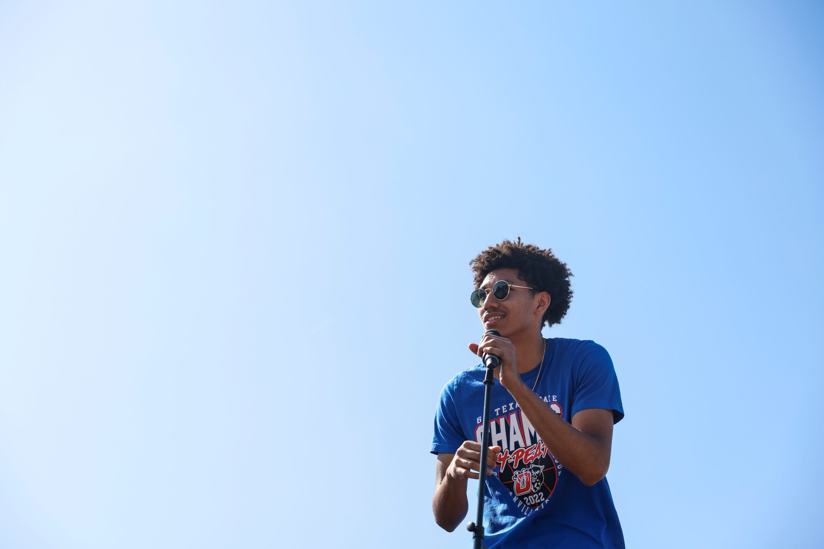 Duncanville High School Davion Skyes speaks after the Parade of Champions, Saturday, April,...