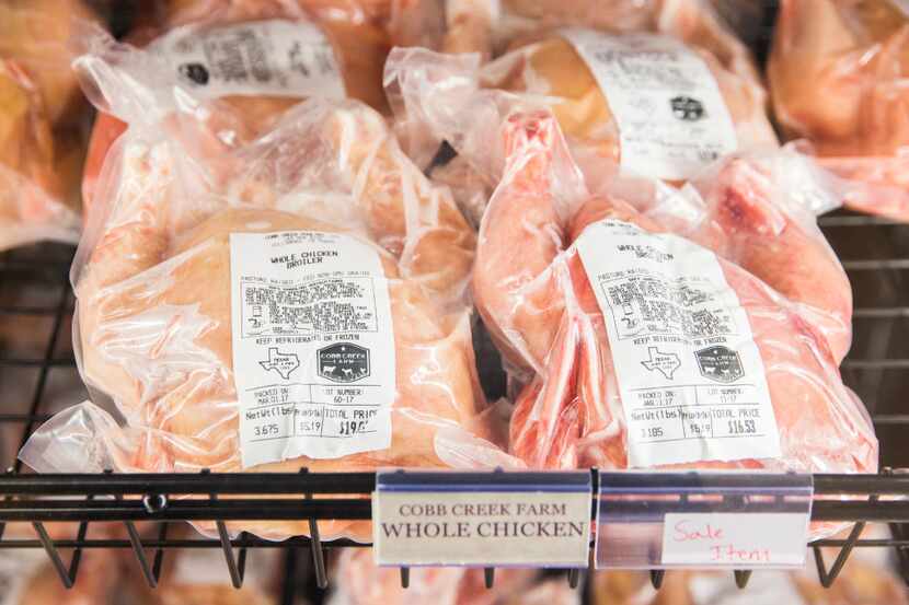 Cobb Creek Farm whole chickens at Burgundy's Local Grass Fed Meat Market in Dallas