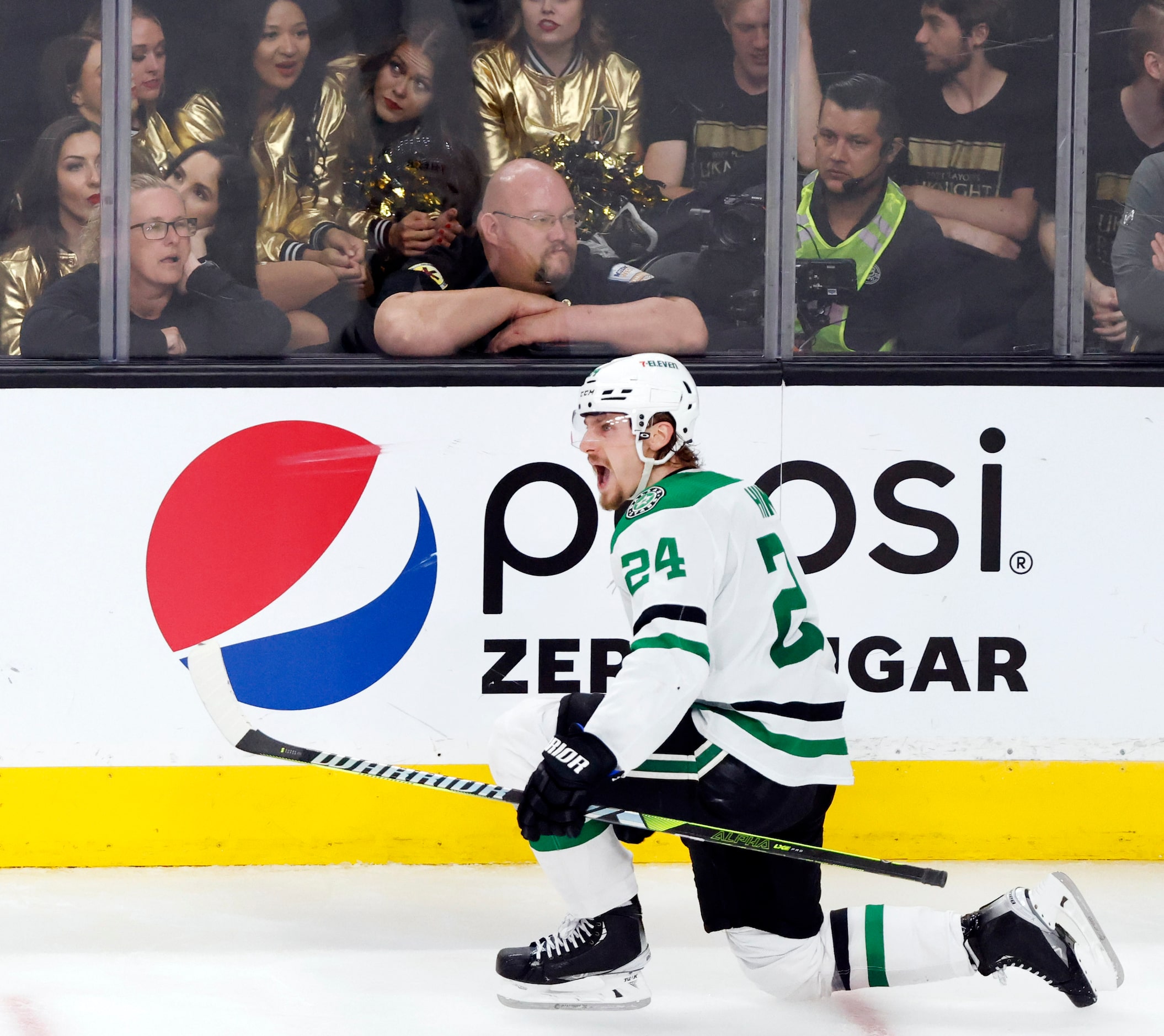 Dallas Stars center Roope Hintz (24) celebrates his third period goal against the Vegas...