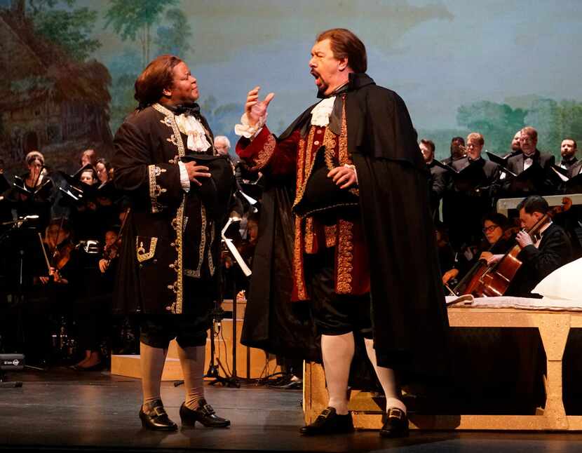 Dallas Opera's Musa Ngqungwana and Andrea Silvestrelli perform in a dress rehearsal of...