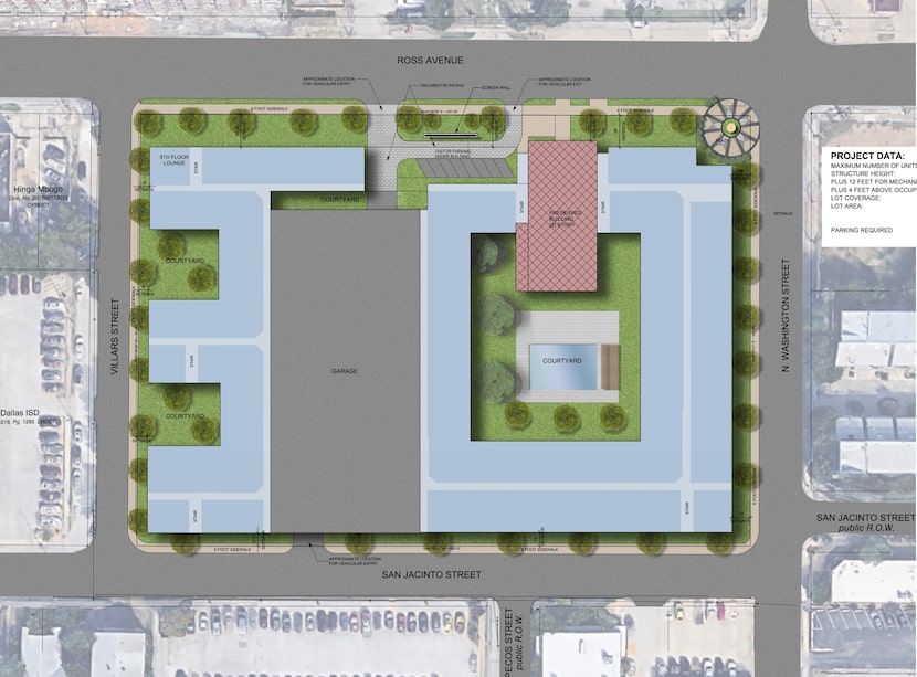 A portion of the old DISD campus, shown in red, will be saved in the new apartment development.