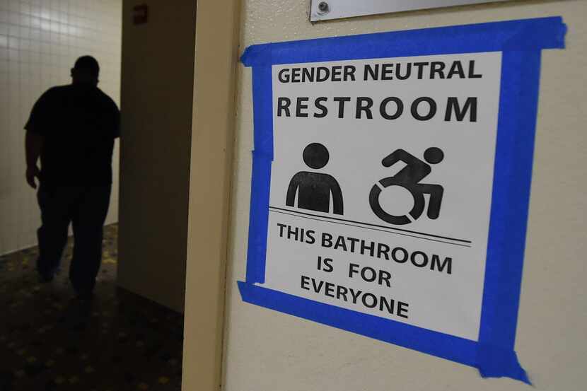 Signs are posted outside the Santee High School's gender neutral restrooms at their campus...
