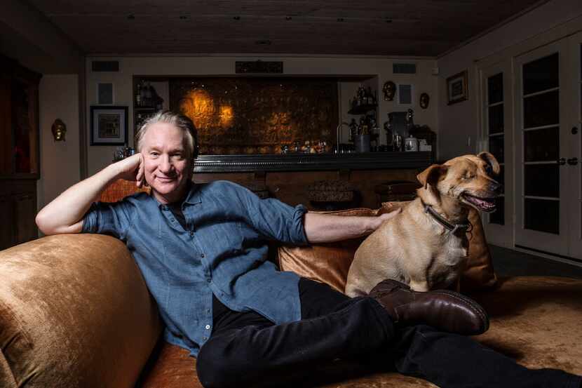 Bill Maher with his one-eyed dog at his house in Beverly Hills, Calif., Jan. 11, 2017....
