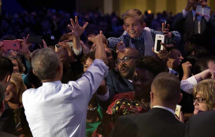 President Barack Obama greeted the crowd after speaking at a campaign event for the Ohio...