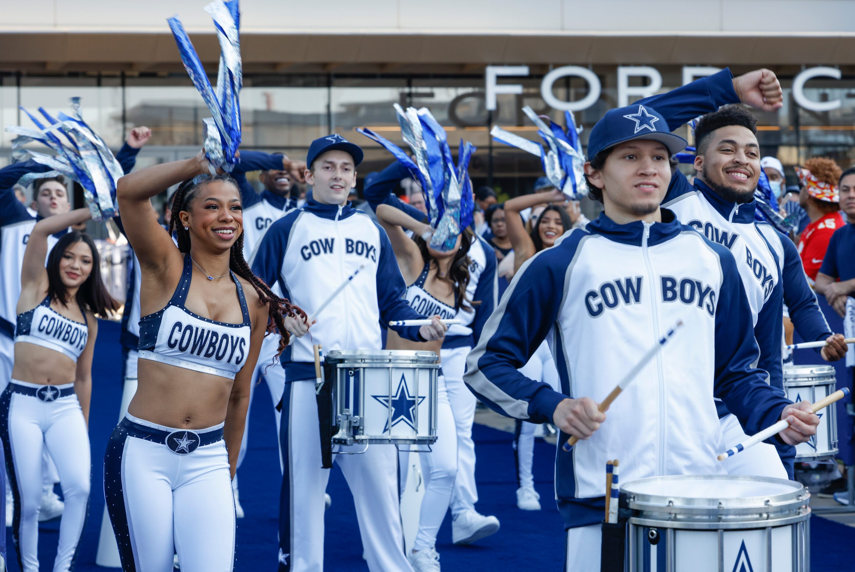 Dallas Cowboys Rhythm and Blue Dancers perform during the recording of ESPN’s First Take in...