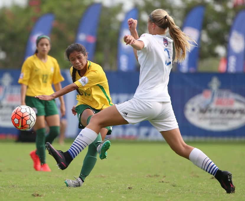 Dallas Kicks player Samantha Meza (left) kicks the ball by Midwest United player Bria...