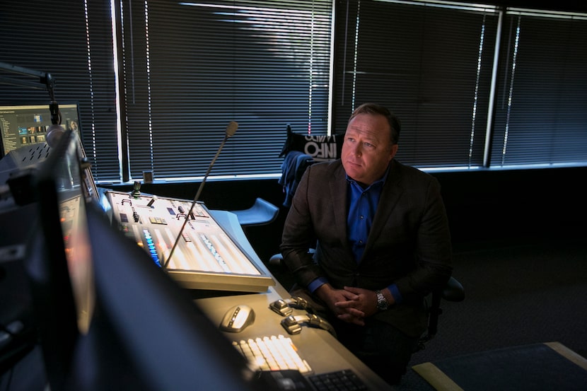 Alex Jones, conservative conspiracy theorist and operator of Infowars.com, in the control...